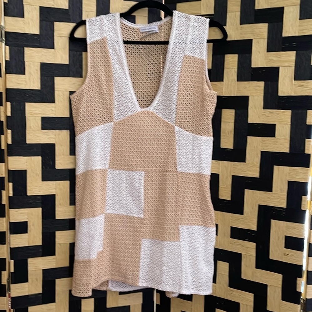 Tan and white eyelet fabric dress, size Medium